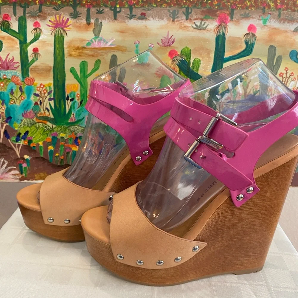 Chinese Laundry, Jungle Gym, Leather Platform Wedge Sandals, Pink/Tan, W Size 7 - Picture 4 of 16